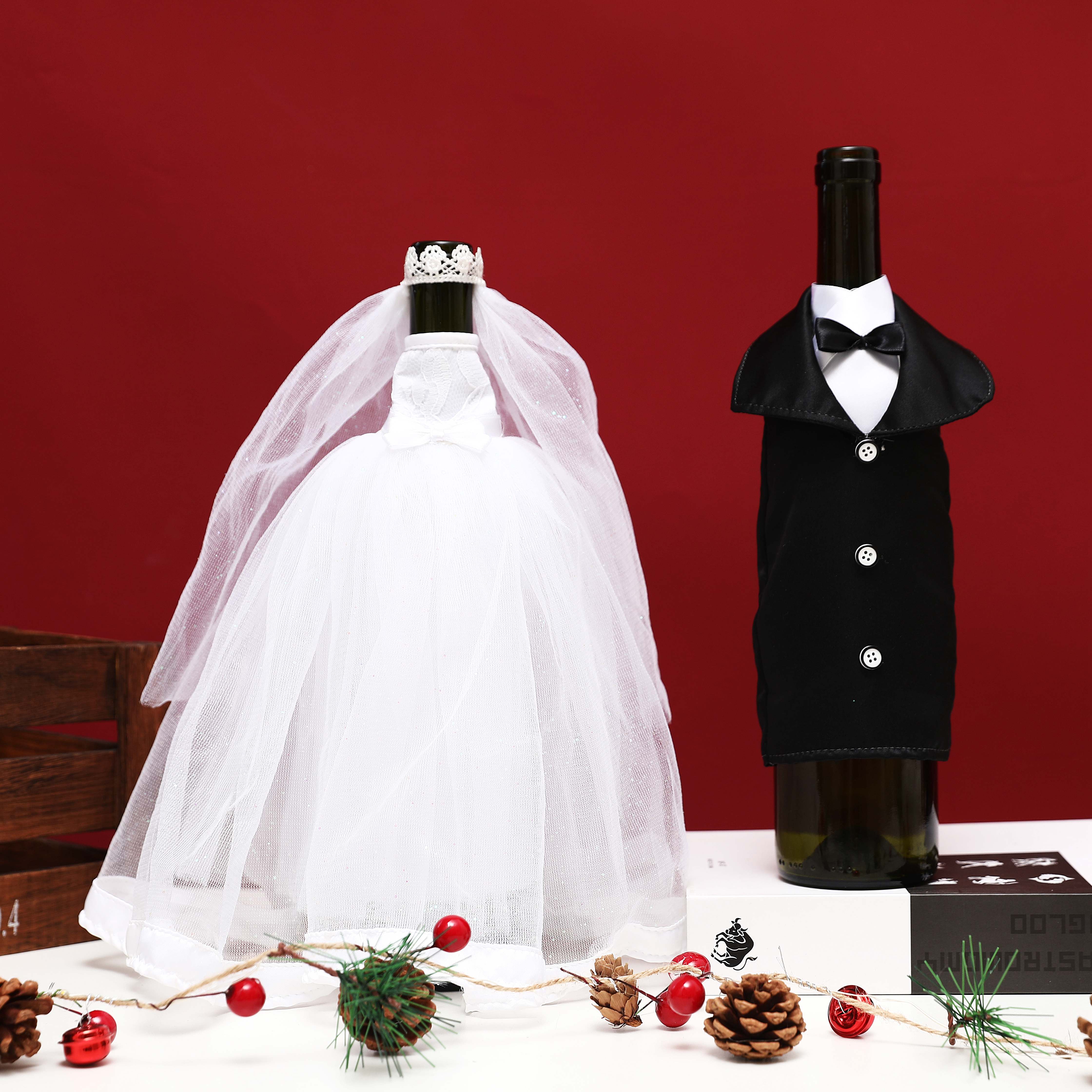 创艺迷你婚纱礼服红酒瓶套西装结婚装饰燕尾服餐桌布置情人节礼物