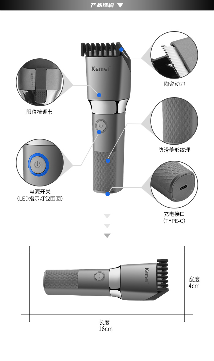 跨境厂家直供电推剪 科美理发器 KM-1245 陶瓷刀头 USB充电电推剪详情2