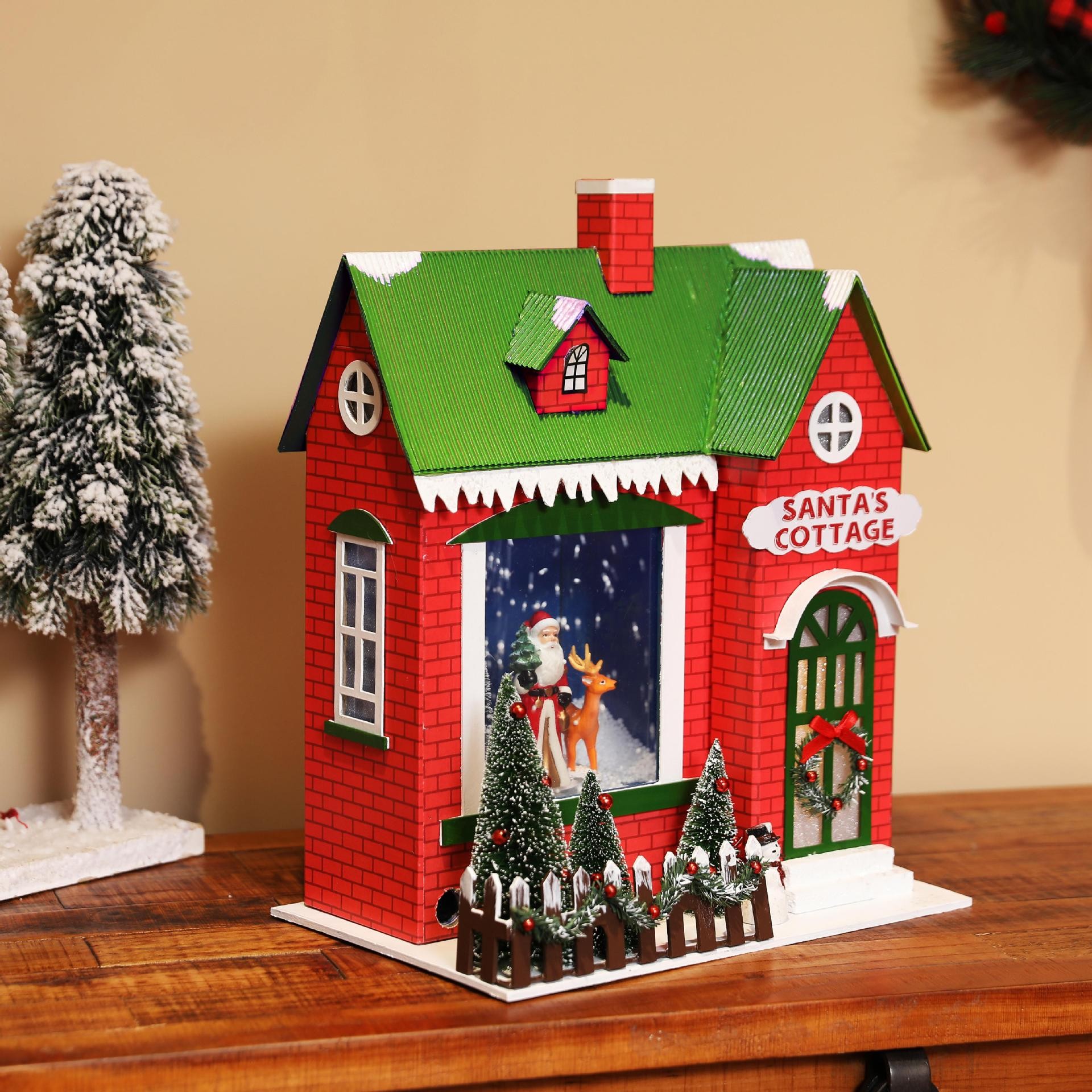 圣诞节飘雪房子摆件纸板音乐圣诞屋子飞雪别墅森林小屋微景观模型详情图3