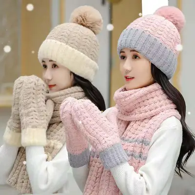 Hat, scarf, gloves, three sets of women's warm winter Korean version lovely hat thumbnail