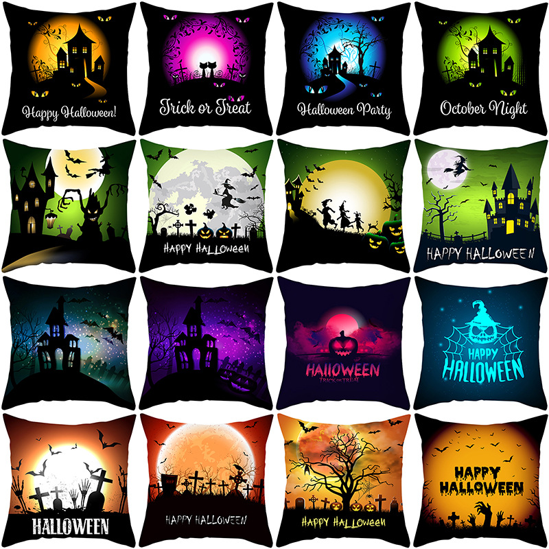 Dark Castle Halloween Pillowcase Homeware Cartoon Cat Print Cushion Cover thumbnail