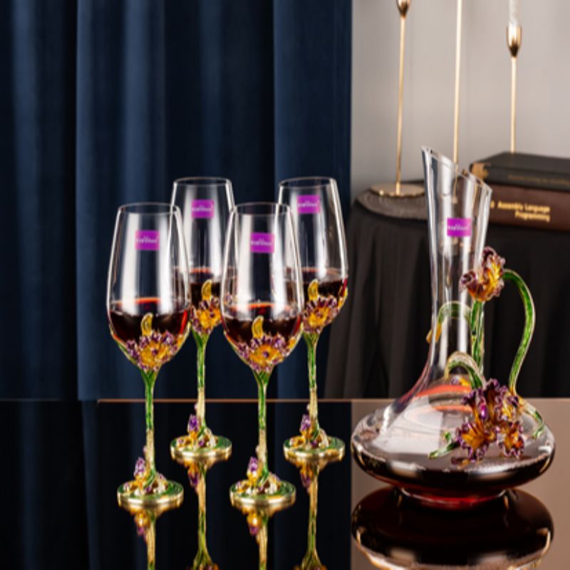 法琅彩水晶玻璃高脚红酒5件套  幸福鸢尾酒具