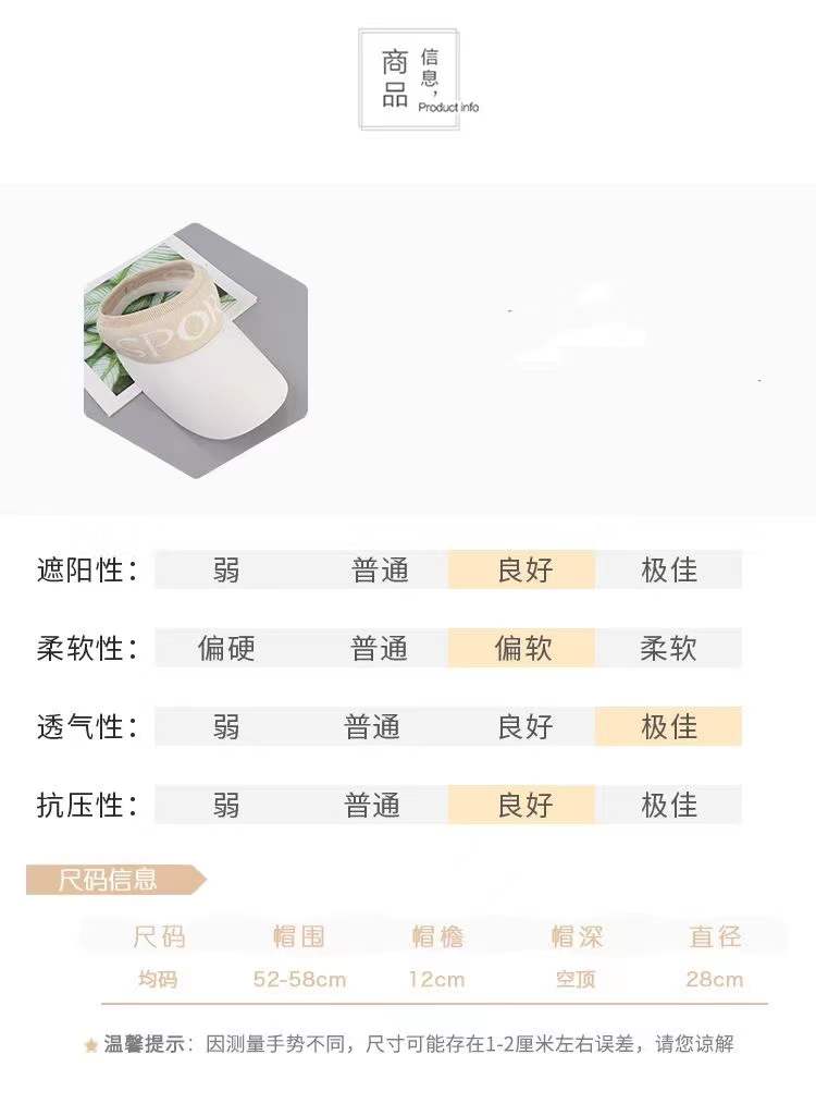 防晒遮阳女户外夏季空顶针织字母UV漏头顶鸭舌帽韩版百搭棒球帽休闲空顶帽Empty Hat Baseball cap详情8