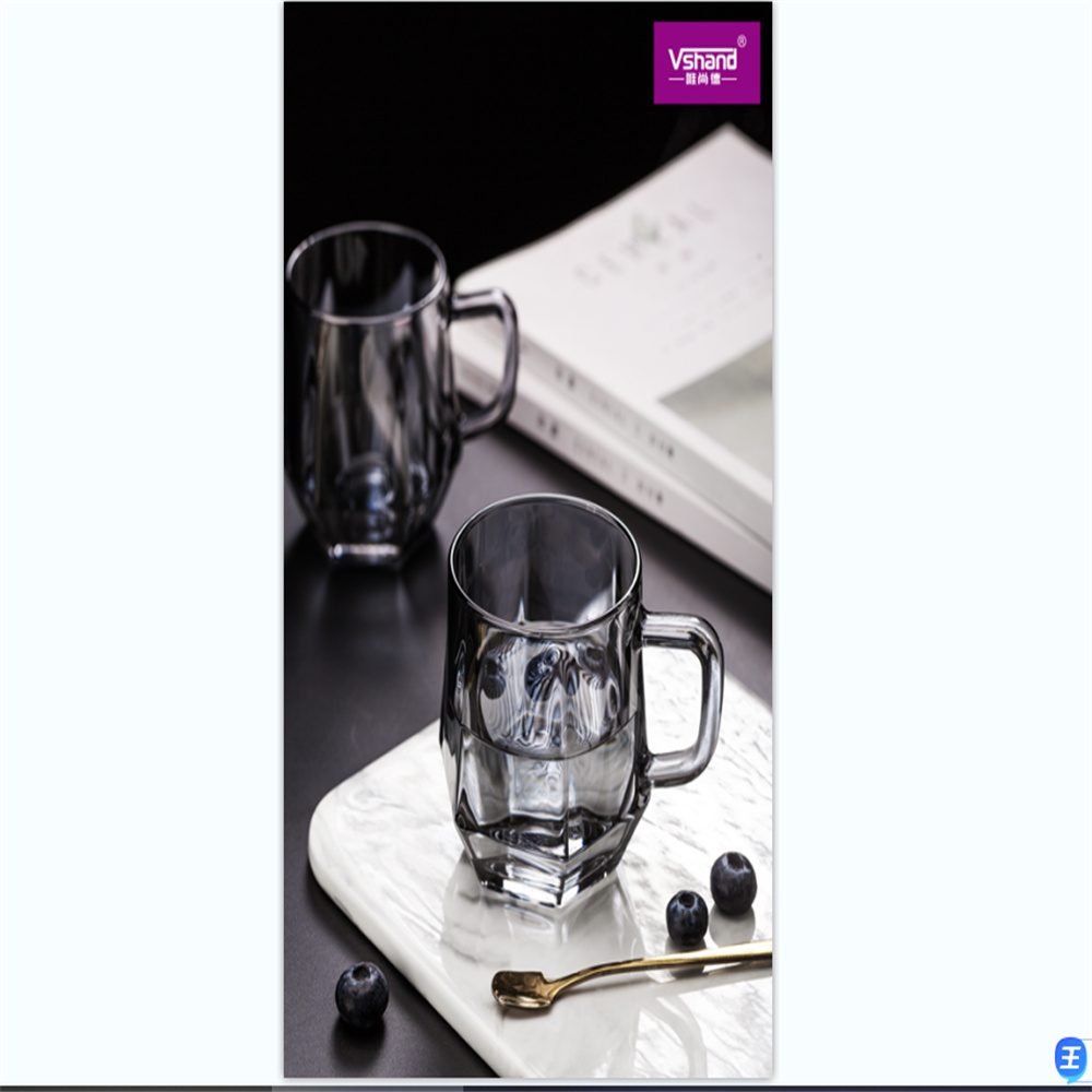 Electroplated hexagonal cup, amber, soot, seven-color, transparent lead-free crystal glass cup, home with handle diamond drinking cup, tea cup Nordic simple living room water ware family cup set details Picture