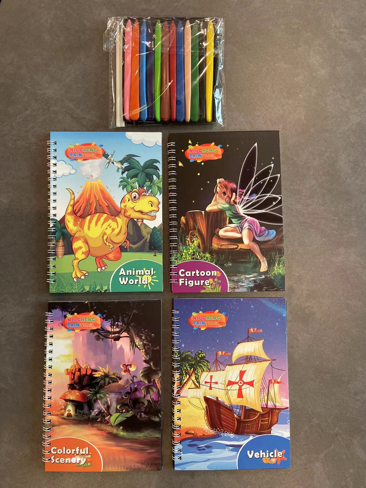 A set of 4 books + 12-color crayons +2 scratch-off pens pic 2