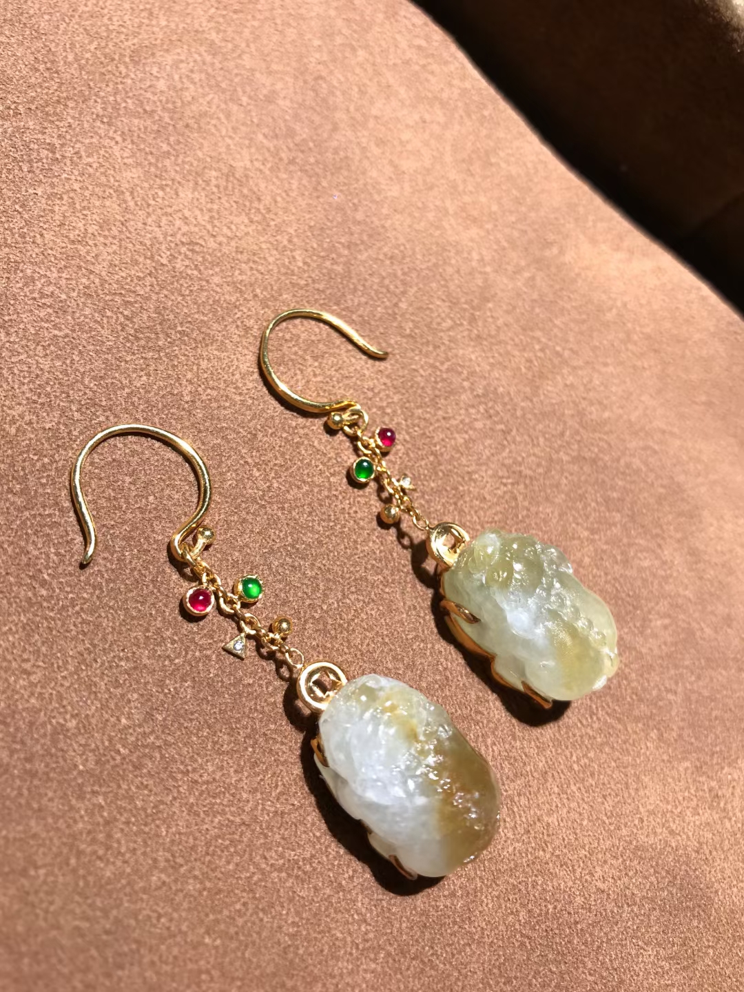 Natural A Goods Jade Pixiu Earrings 18K Gold Inlay Exquisite Atmosphere Fashion