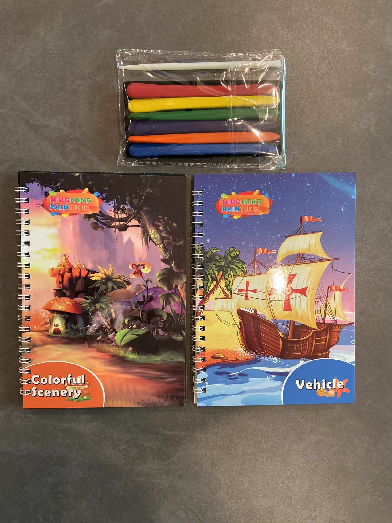 A set of 4 books + 12-color crayons +2 scratch-off pens pic 3