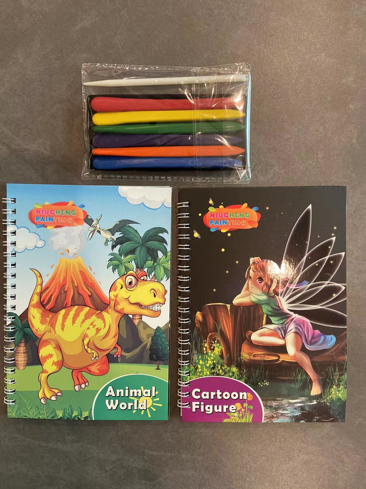 A set of 4 books + 12-color crayons +2 scratch-off pens pic 1