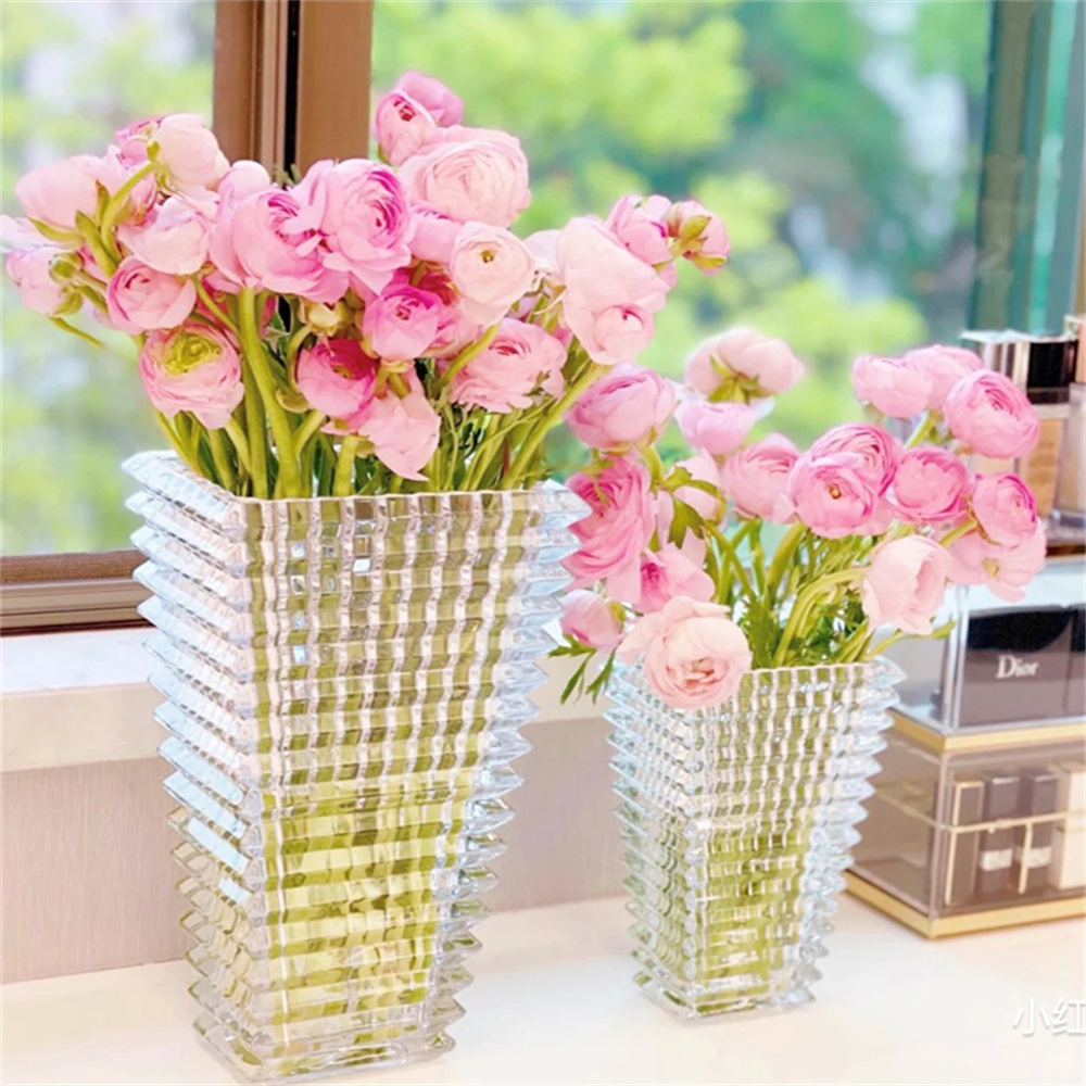 Erha Crystal, Erha Crystal Creative Simple horizontal pattern square mouth vase, popular transparent vase, vase decoration, living room flower arrangement transparent glass vase