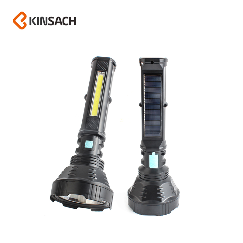 跨境手持太阳能手电筒强光 充电远射超长续航户外应急手持手電筒