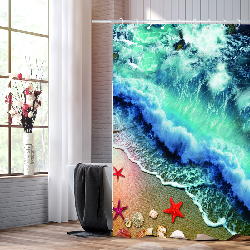Manufacturers Selling New Explosive Waterproof Shower Curtain 3D Digital Printing Polyester Beach Ocean Shower Curtain Bathroom Partition Curtain To Send Hooks