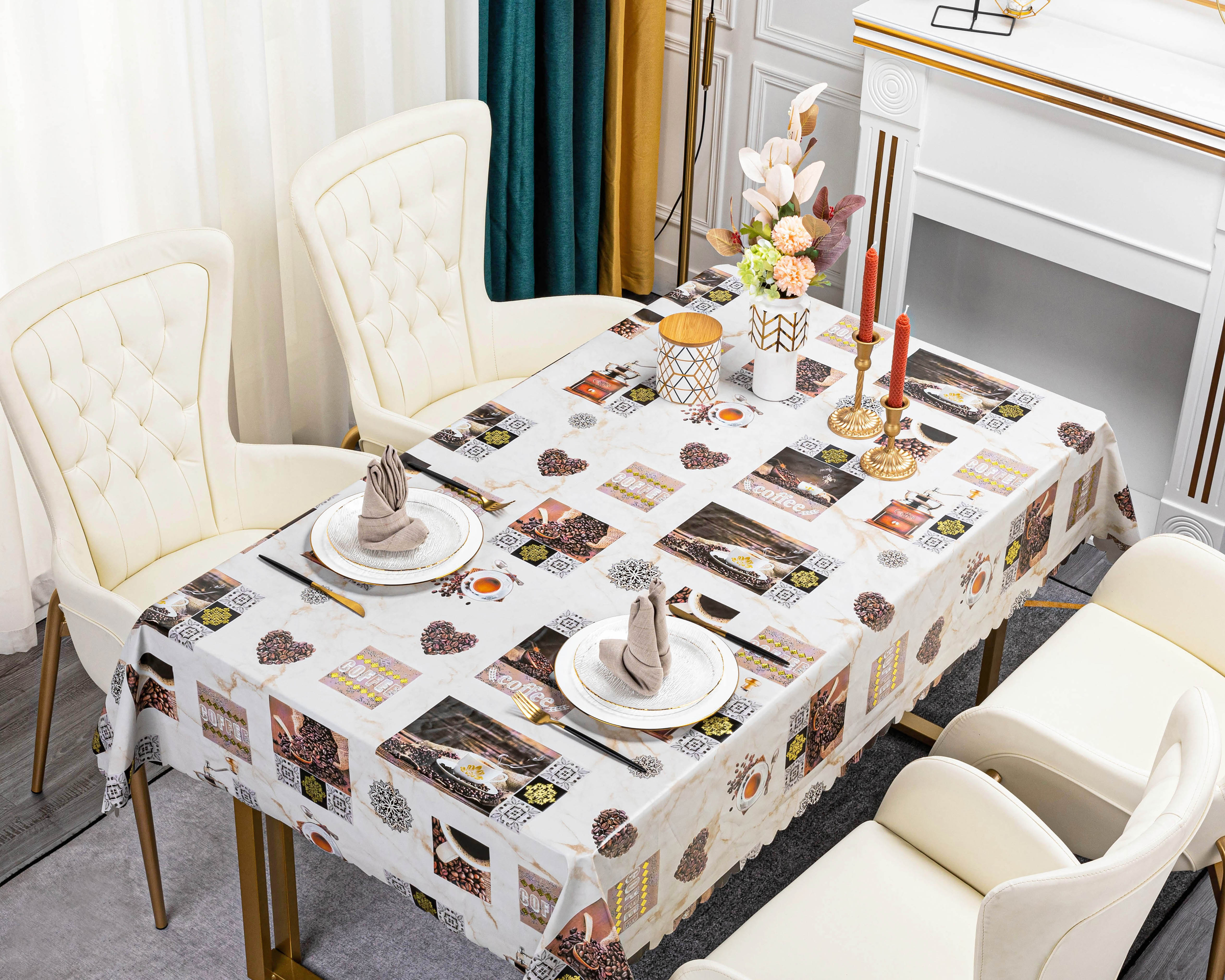 Factory direct sales PVC embellished gold powder high-end European printing effect tablecloth hotel household waterproof no-wash exquisite embossed table cloth wholesale Application Scenario