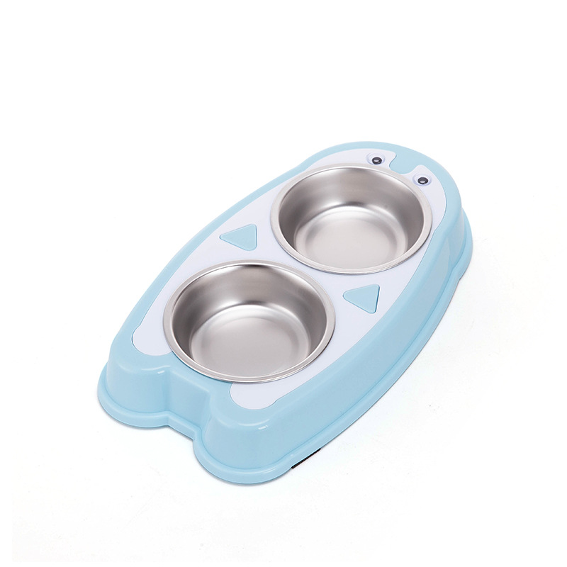 New penguin-shaped pet double-bowl stainless steel dog bowl and cat bowl, anti-tipping and anti-slip, integrated drinking bowl and rice bowl, pet food set