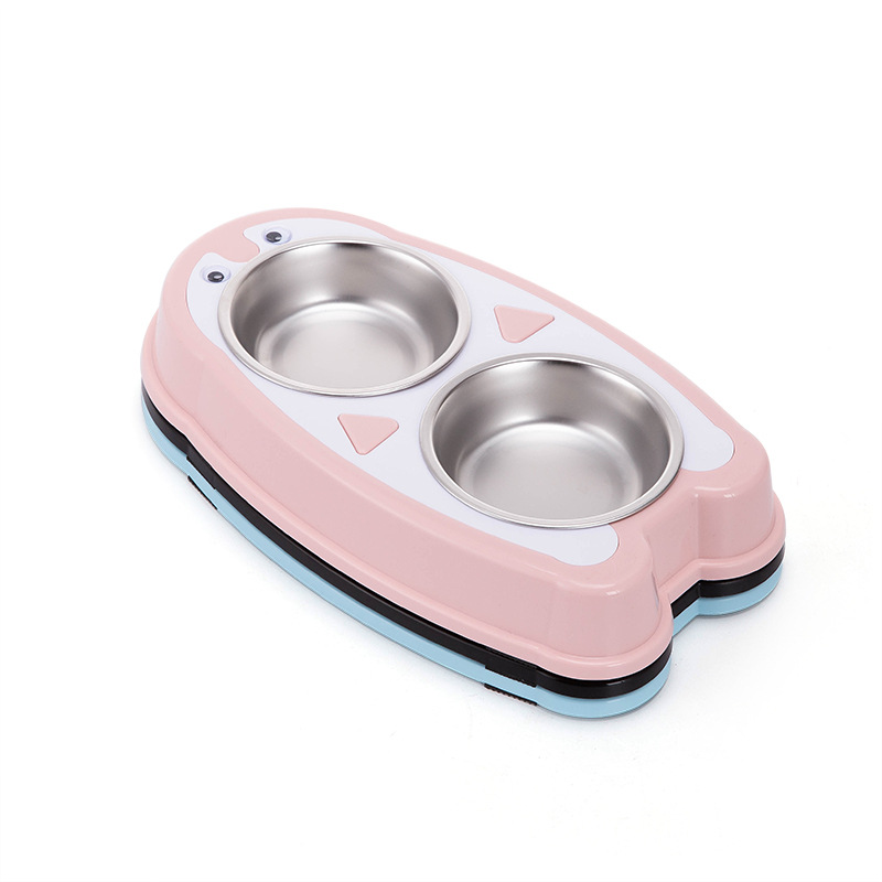 New penguin-shaped pet double-bowl stainless steel dog bowl and cat bowl, anti-tipping and anti-slip, integrated drinking bowl and rice bowl, pet food set Item Picture