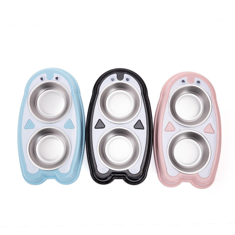New penguin-shaped pet double-bowl stainless steel dog bowl and cat bowl, anti-tipping and anti-slip, integrated drinking bowl and rice bowl, pet food set Application Scenario