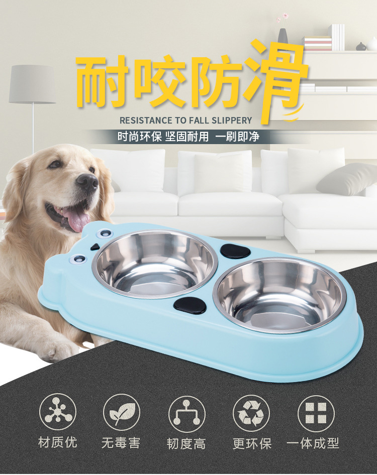 Pet double-bowl stainless steel bowl, bear-shaped dog bowl, cat bowl, anti-tipping and anti-slip, integrated drinking bowl and food basin, pet food utensils pic 1