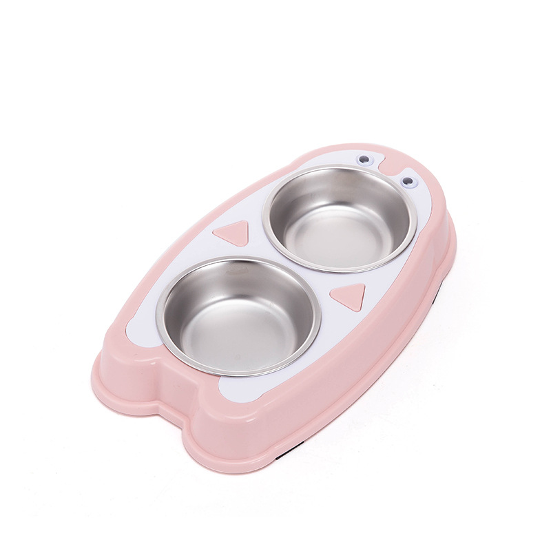 New penguin-shaped pet double-bowl stainless steel dog bowl and cat bowl, anti-tipping and anti-slip, integrated drinking bowl and rice bowl, pet food set details Picture
