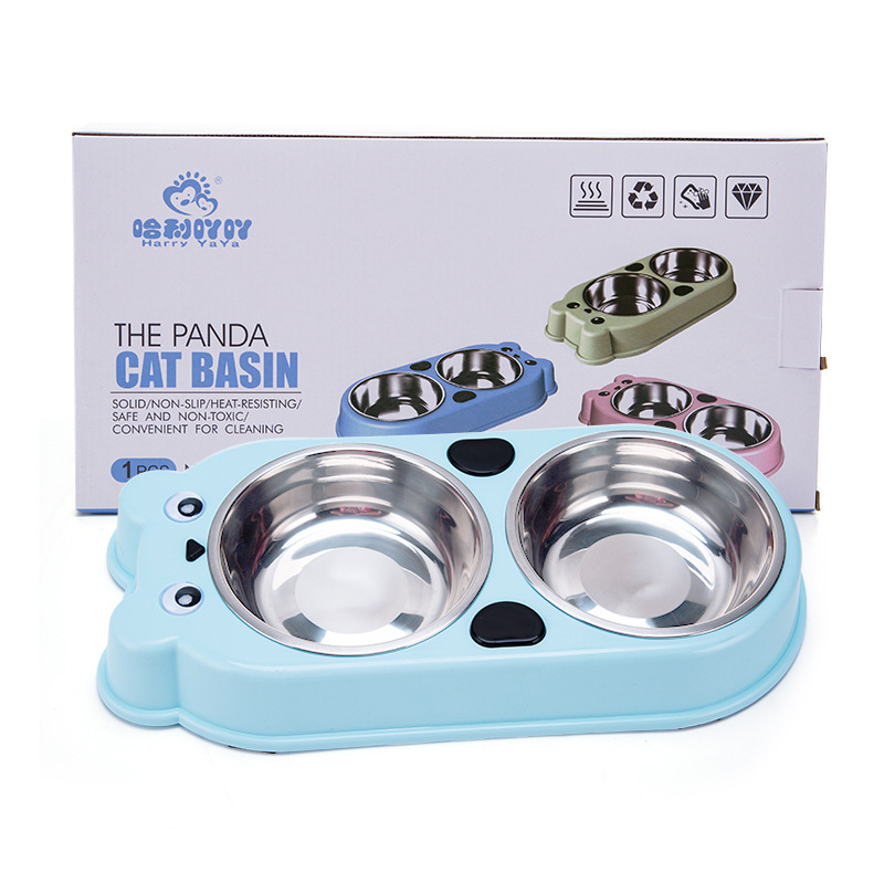 Pet double-bowl stainless steel bowl, bear-shaped dog bowl, cat bowl, anti-tipping and anti-slip, integrated drinking bowl and food basin, pet food utensils