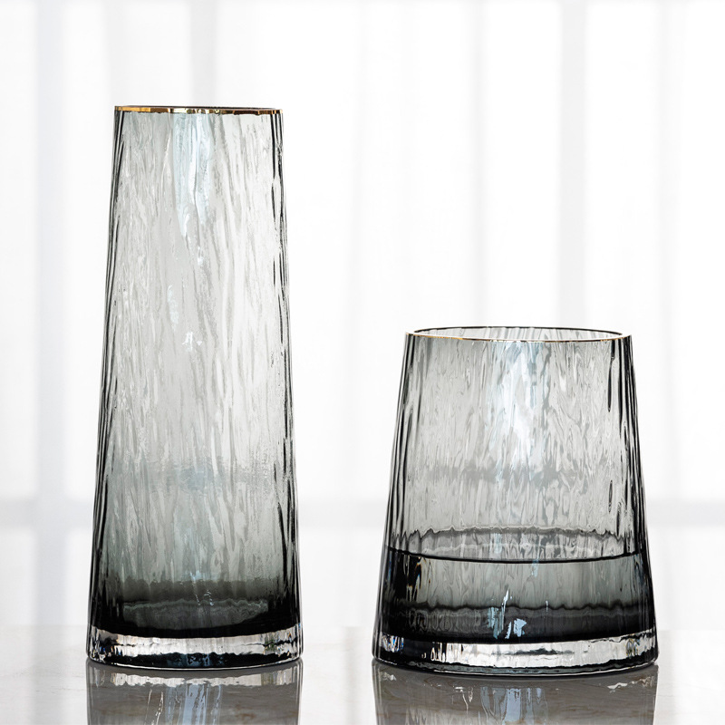 Nordic light luxury transparent glass vase hammer pattern T pattern gold flower device simple living room flower arrangement decoration table craft decoration