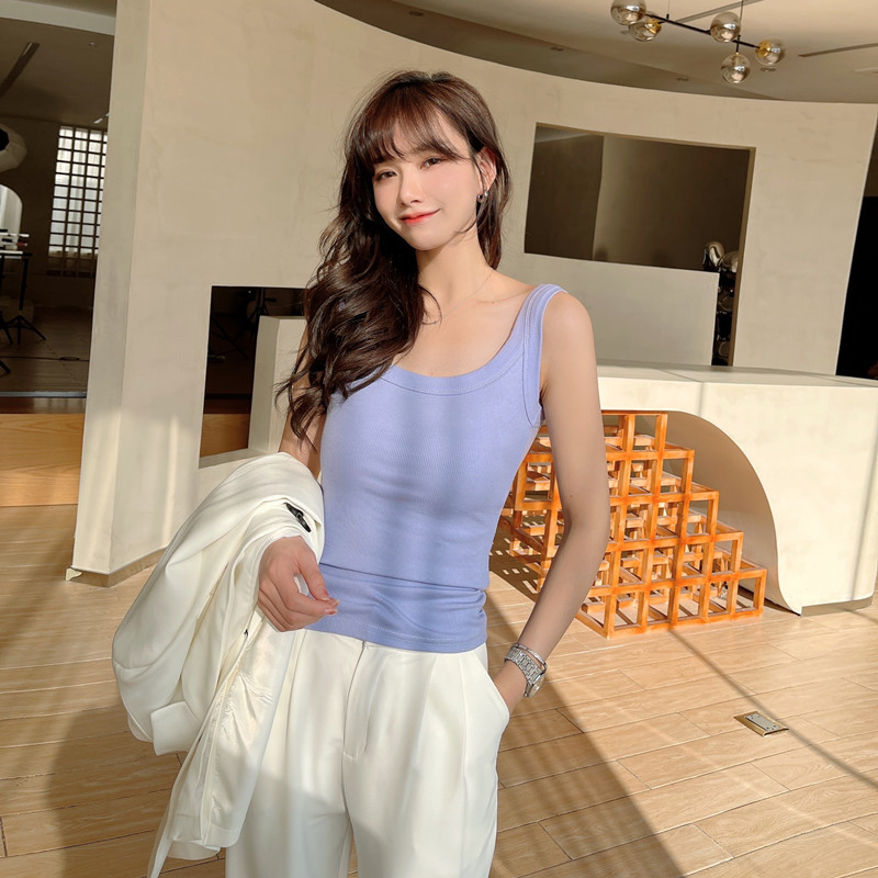 A Korean-style anti-glare double U-neck fitted halter top for women