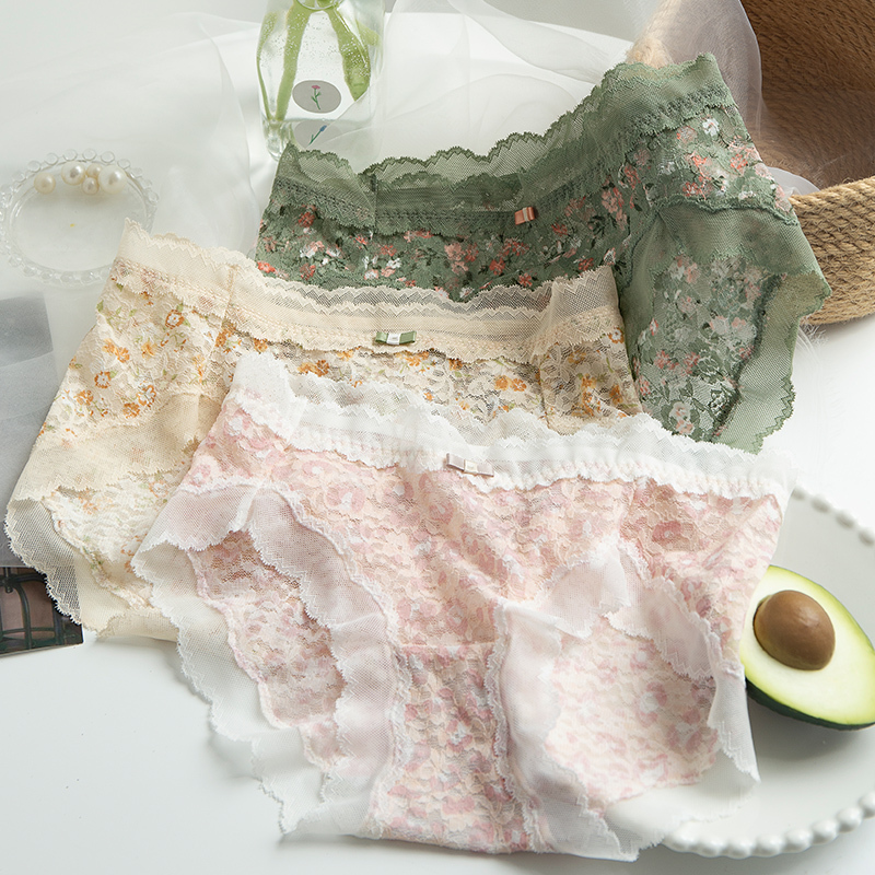蕾丝内裤女性感夏季薄款无痕纯欲中腰胖mm大码少女风低腰短裤图