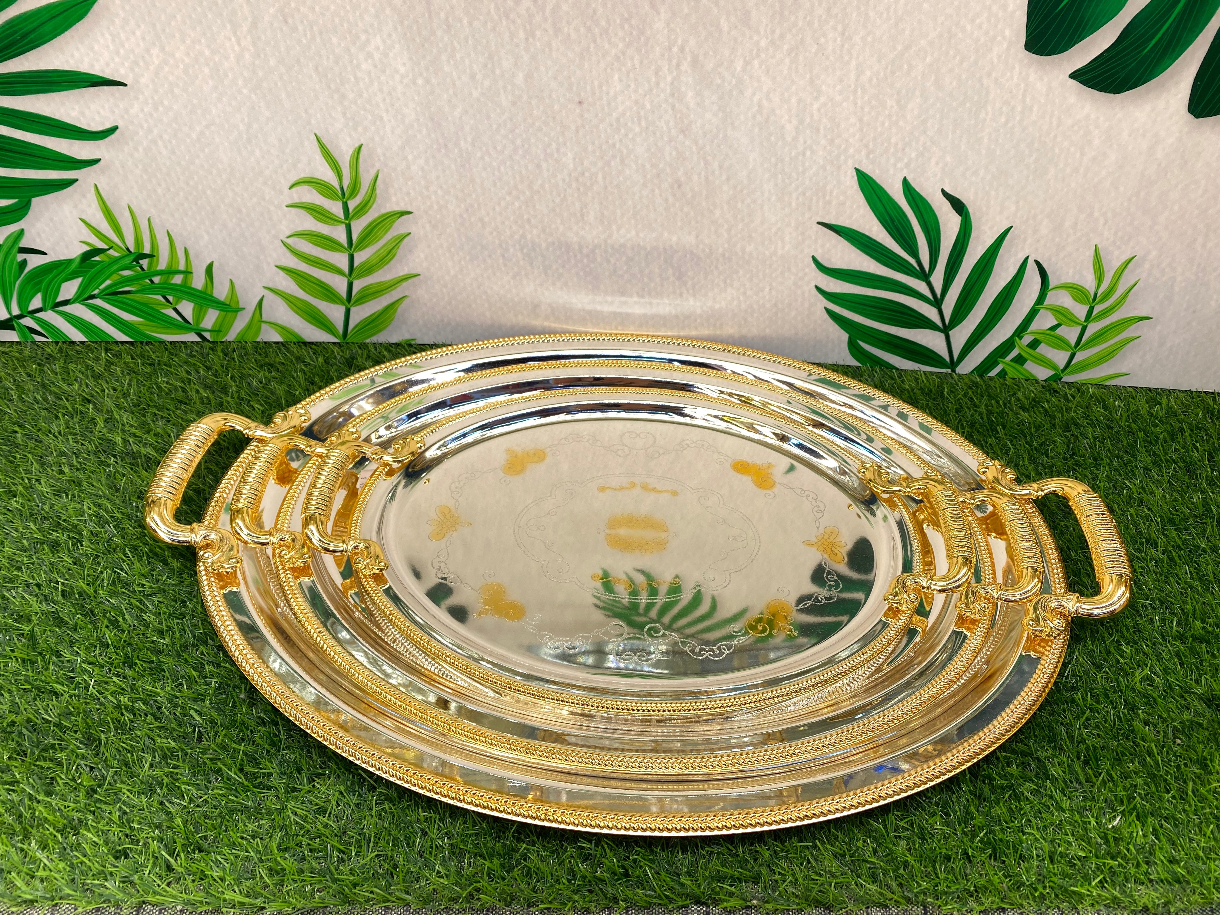 Oval three-piece tray set with alloy handle thumbnail