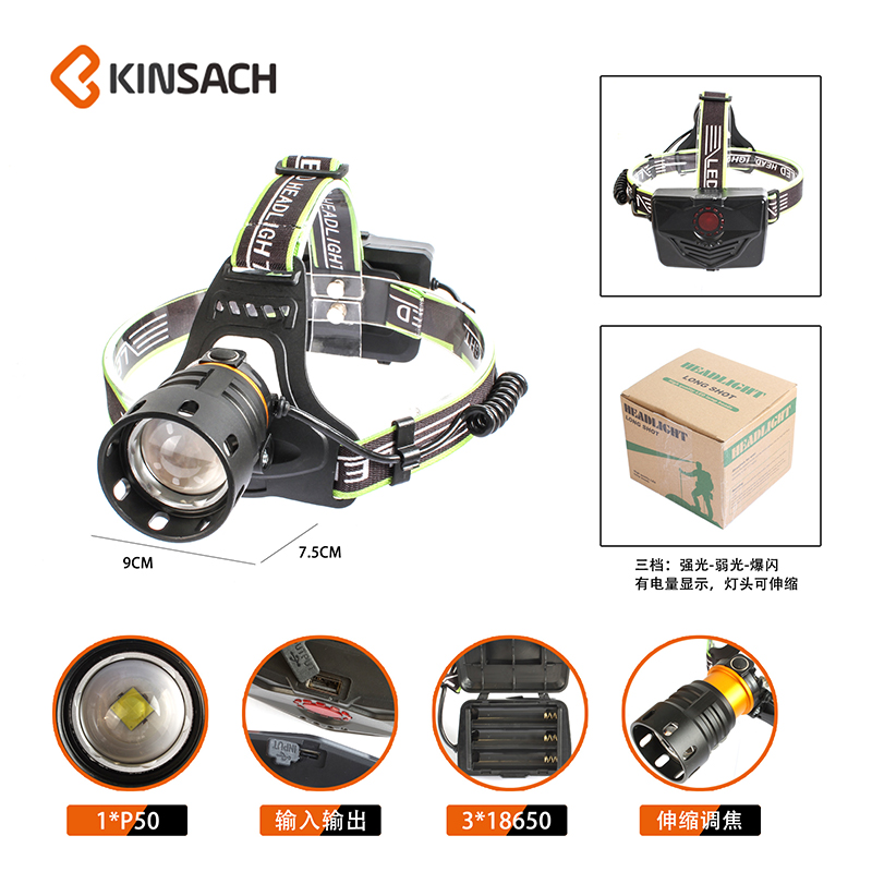 Powerful P50 Headlamp charging, ultra-bright head-mounted outdoor flashlight, zoom fishing miner's lamp, ultra-long battery life 2 details Picture