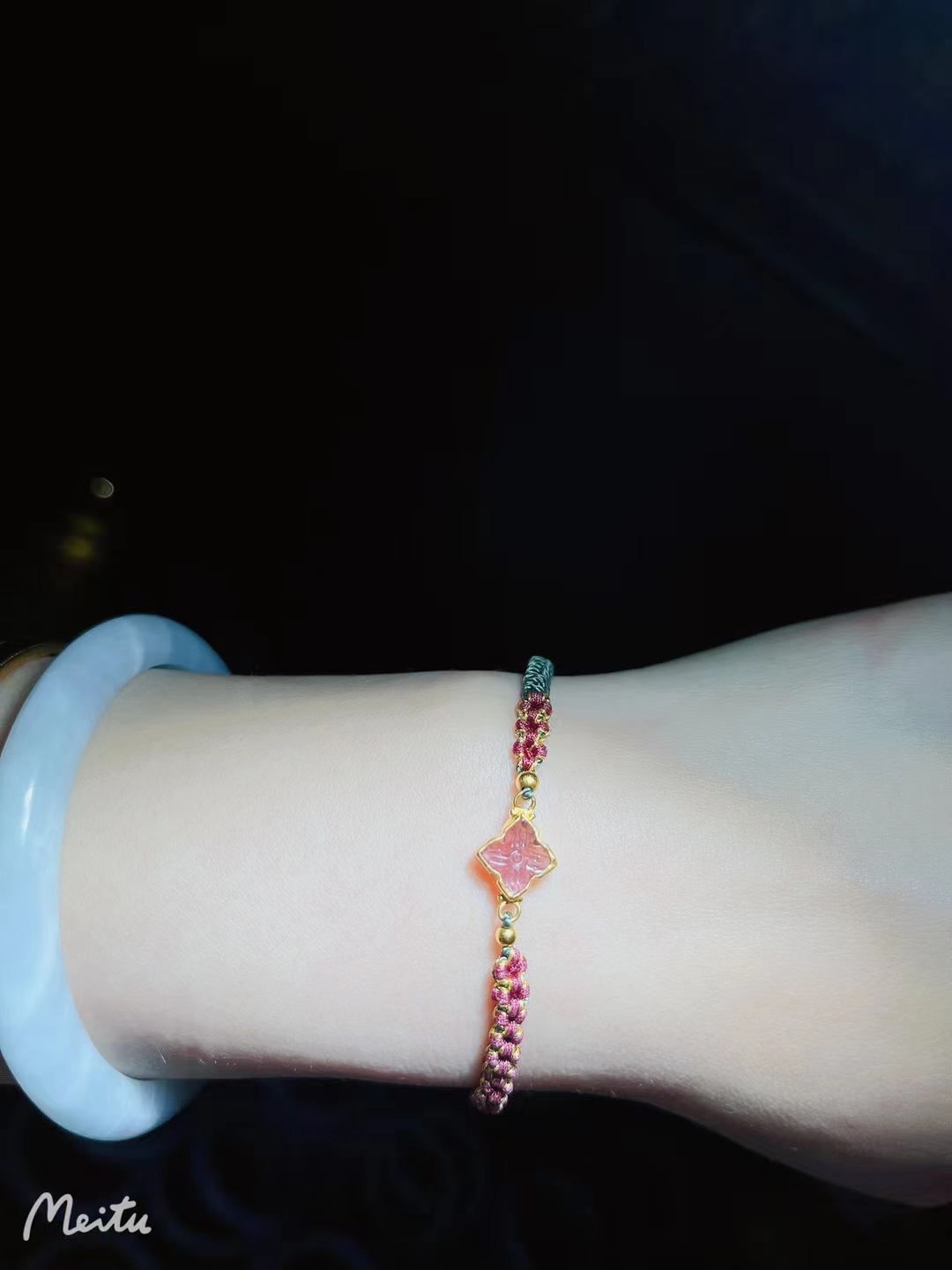 碧玺包金四叶草手链 手工编织