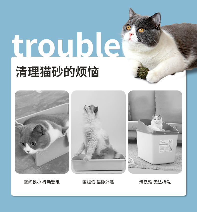 New pet cat litter box with rabbit ears, high edge guard, splashes outside, large size, large capacity, semi-enclosed cat litter box pic 2