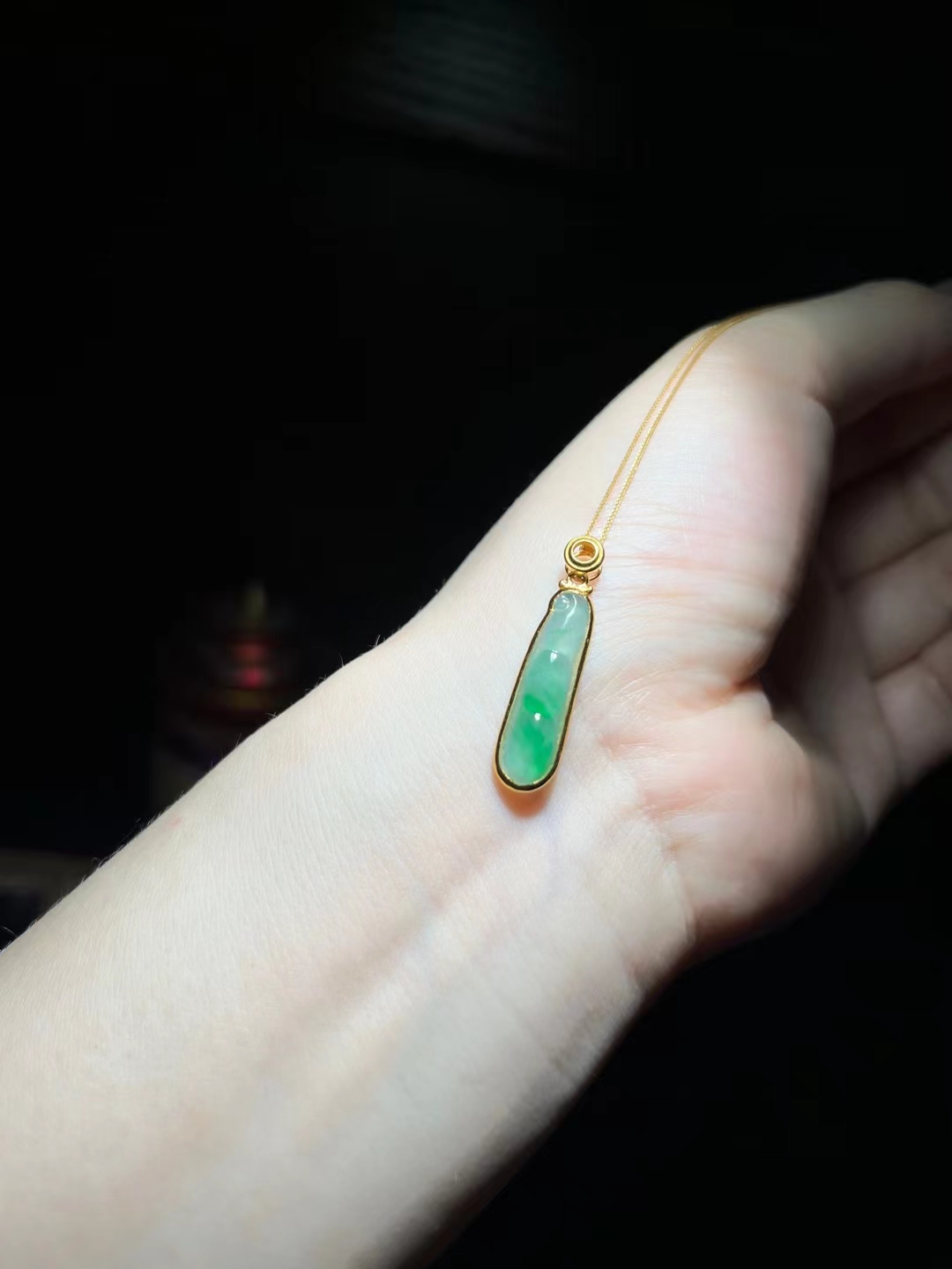 天然A货翡翠福豆18k金镶嵌项链