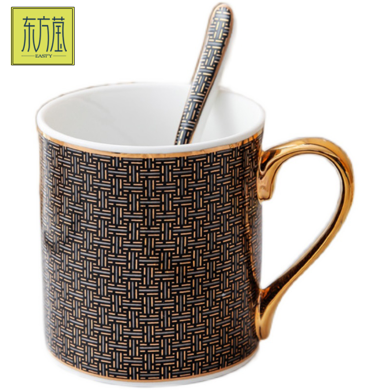 European high appearance level grid couple exquisite mug bone China large capacity coffee mug office high-grade water cup gift box Item Picture