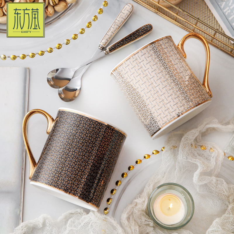 European high appearance level grid couple exquisite mug bone China large capacity coffee mug office high-grade water cup gift box details Picture