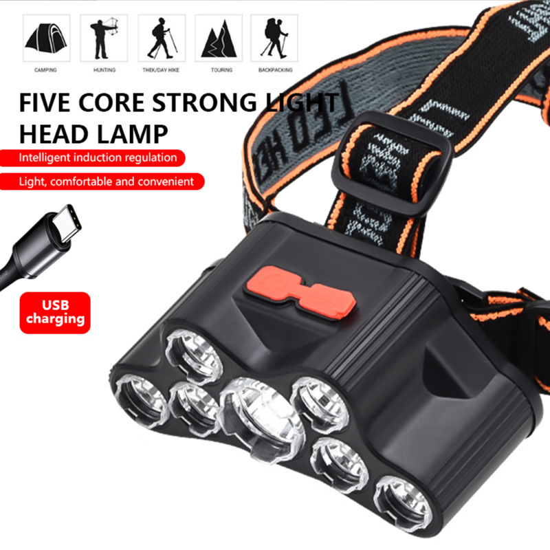 F-T26 headlight 7LDE plástico USB recargable headlight de alta potencia fuerte cabeza rapada tipo de lámpara de minería