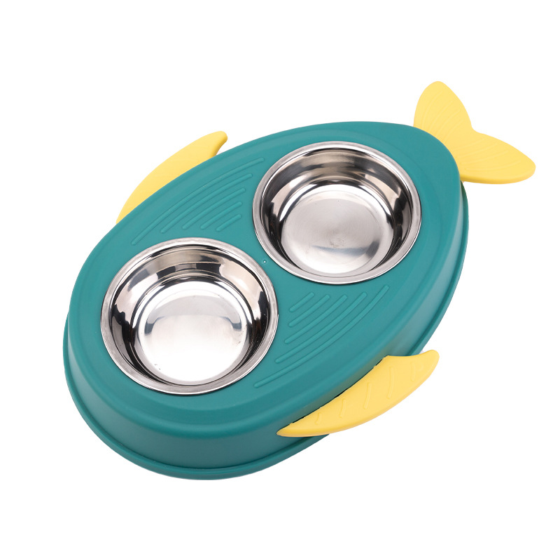 New pet double-bowl fish-shaped stainless steel pet bowl, dog food bowl, cat food bowl, water bowl and rice bowl, universal pet food utensils Item Picture