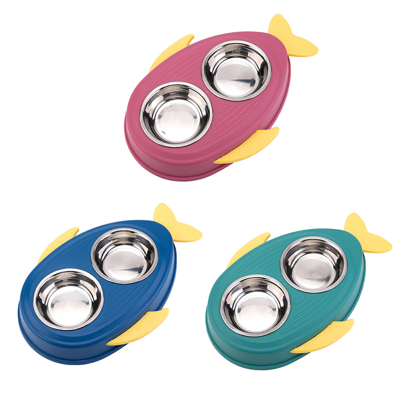 New pet double-bowl fish-shaped stainless steel pet bowl, dog food bowl, cat food bowl, water bowl and rice bowl, universal pet food utensils details Picture
