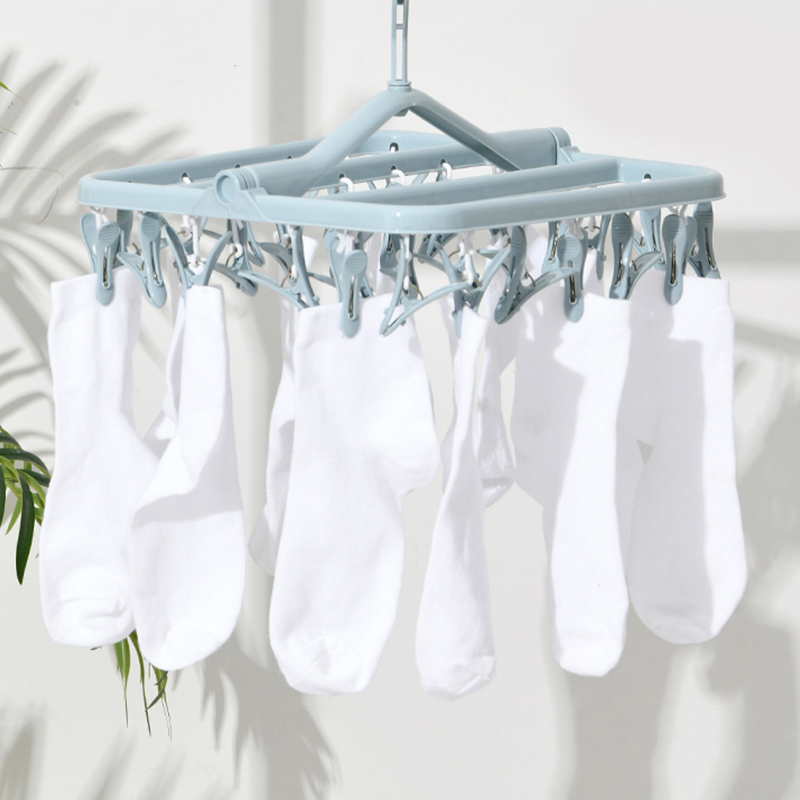 32-clip folding clothes rack, square multi-head clothes drying rack, multi-clip thickened underwear and sock drying rack, plastic for children and adults details Picture