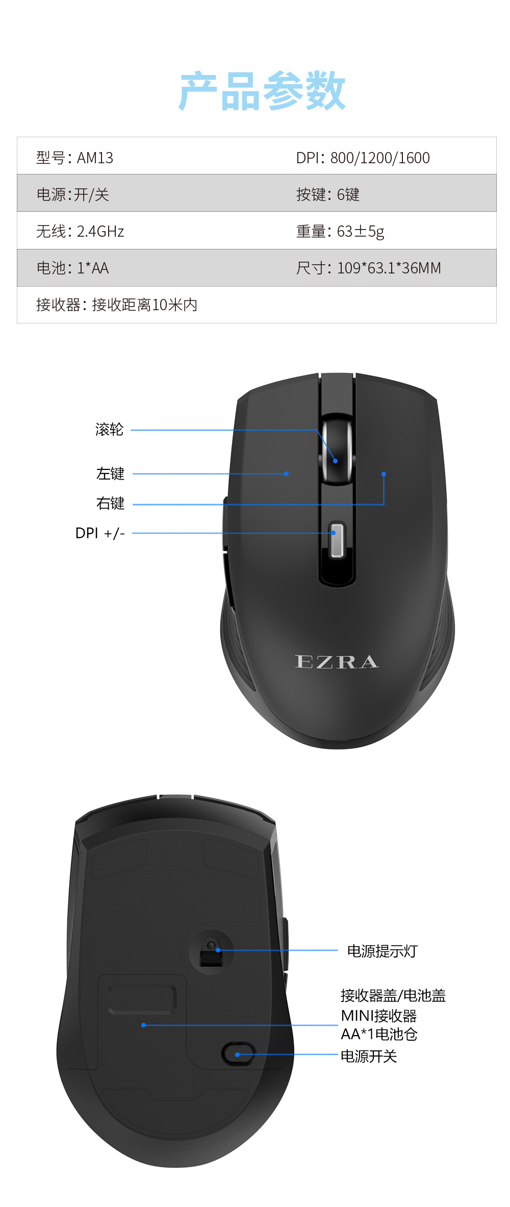 EZRA便携办公静音无线鼠标2.4G双模可调节DPI电脑笔记本游戏鼠标详情11
