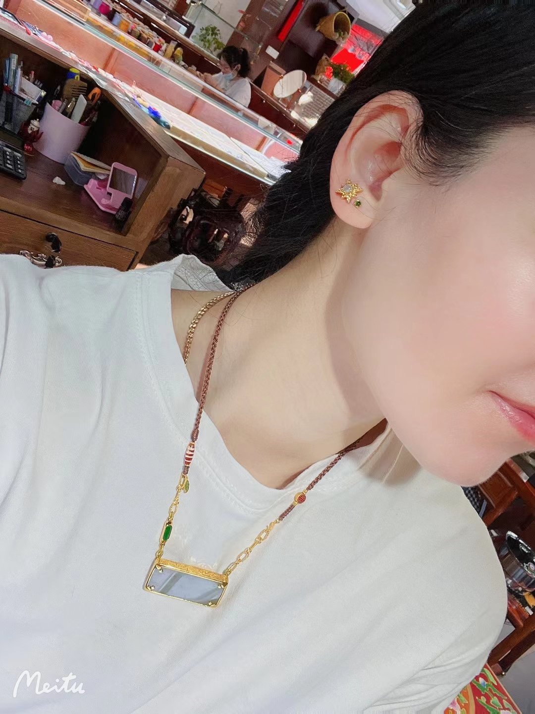 和田玉老玉片镶嵌18k金 999足金项链配饰搭配项链