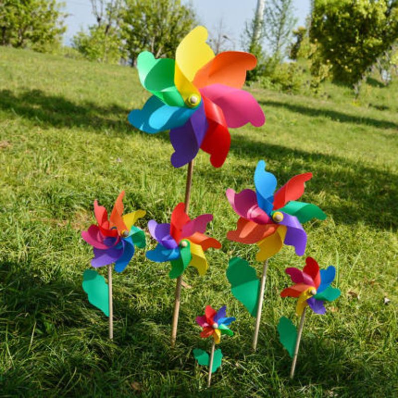 Windmill toys for children, rainbow outdoor courtyard, colorful kindergarten, hand-held wooden pole rotating seven-color 18CM large windmill decoration