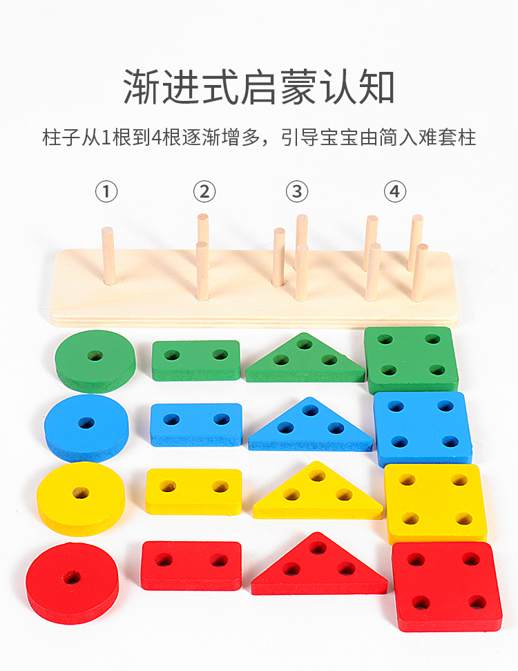 木质几何形状认知板块儿童早教益智趣味玩具几何形状套柱颜色认知详情4