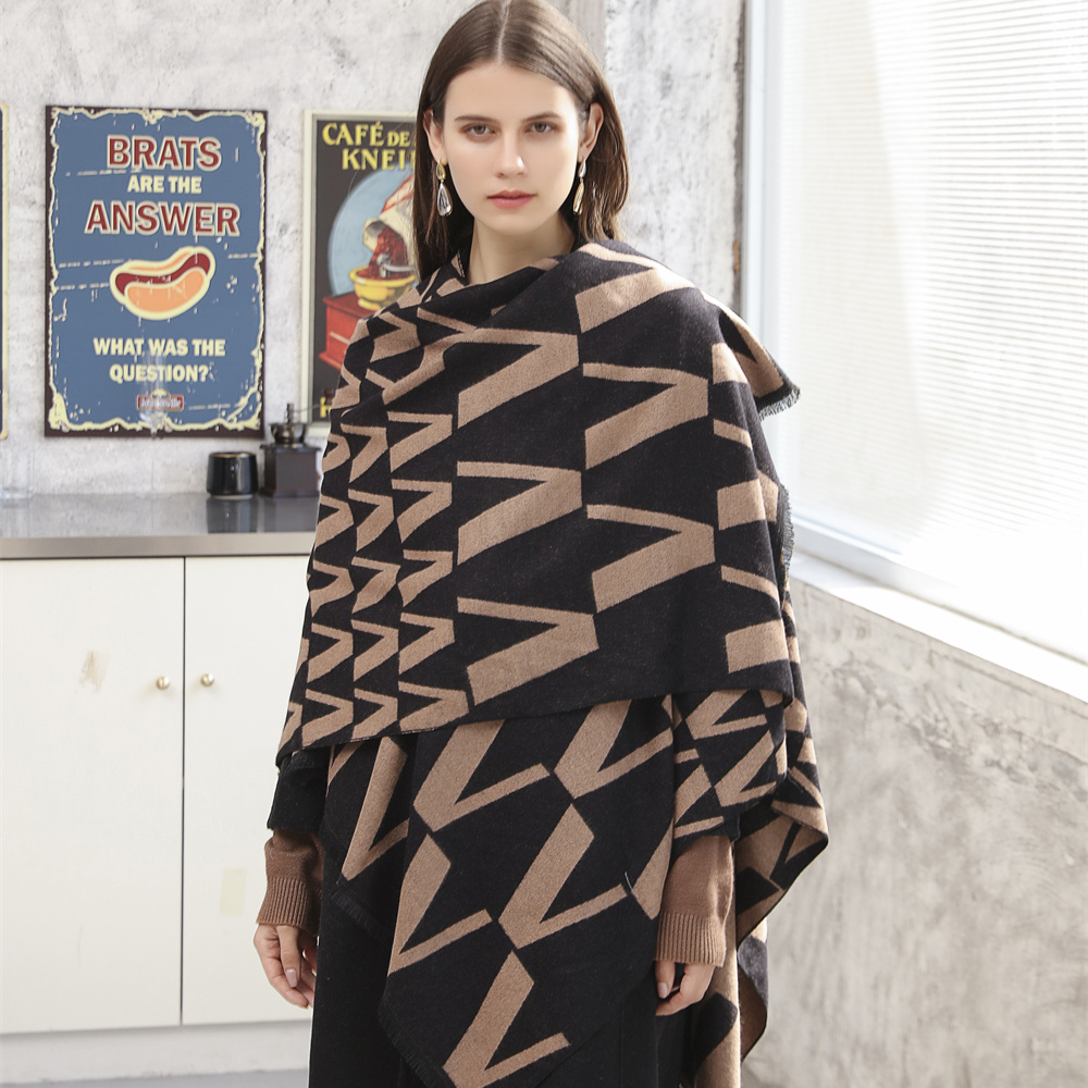 New Vision women's V Letter Printing Shawl Wrap Poncho Classical Square Cape Wraps Poncho For Fall And Winter