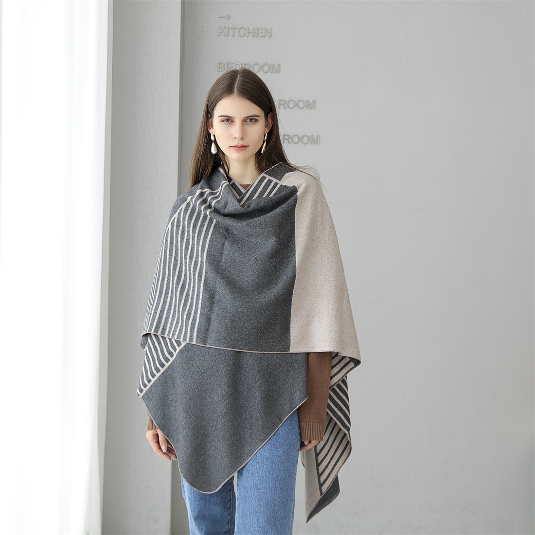 New Vision Women's Soft Scarf Line Pattern Shawl Wraps Daily Warm Poncho Cape For Fall Winter Holiday thumbnail