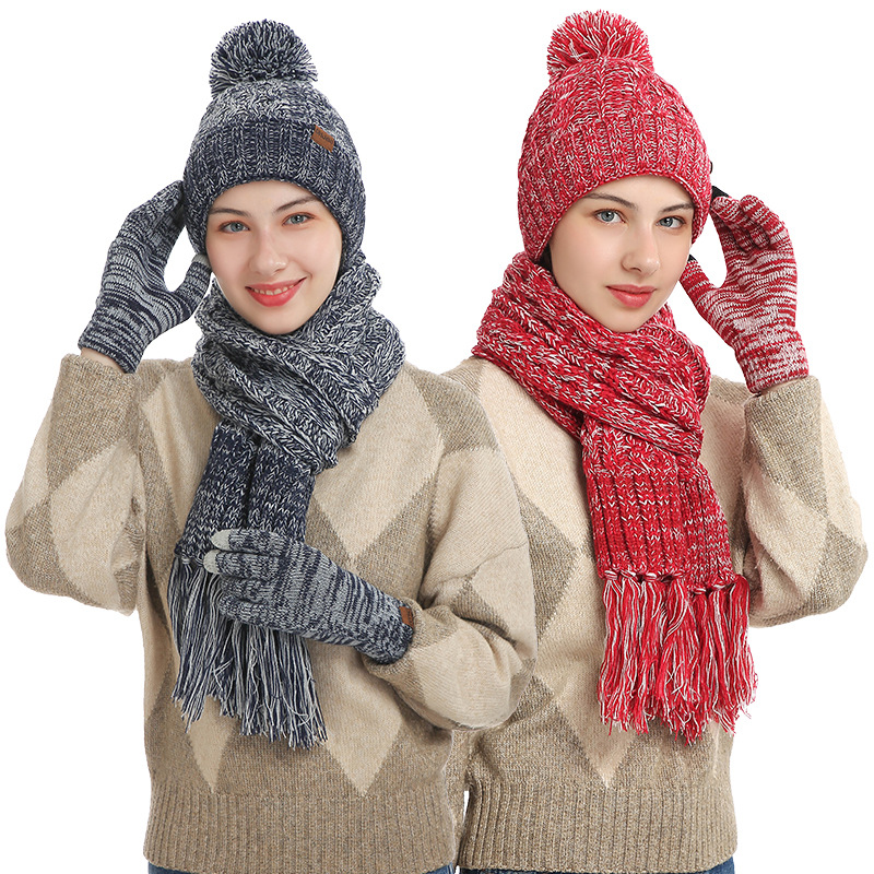 New Vision woman Fashion Autumn Winter New Knitted Beanie Hat Thick Scarf Touch Screen Gloves Three Sets Of Manufacturers thumbnail