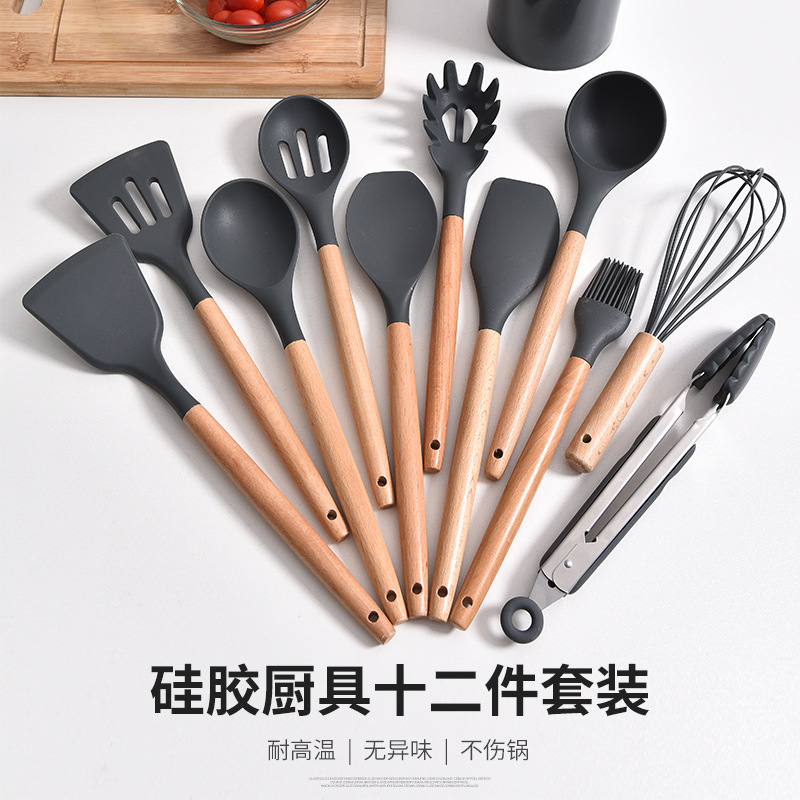 Kitchen Utensils Silicone Spatula Spatula Kitchen Wooden Handle Silicone Kitchenware Set 12 Sets details Picture