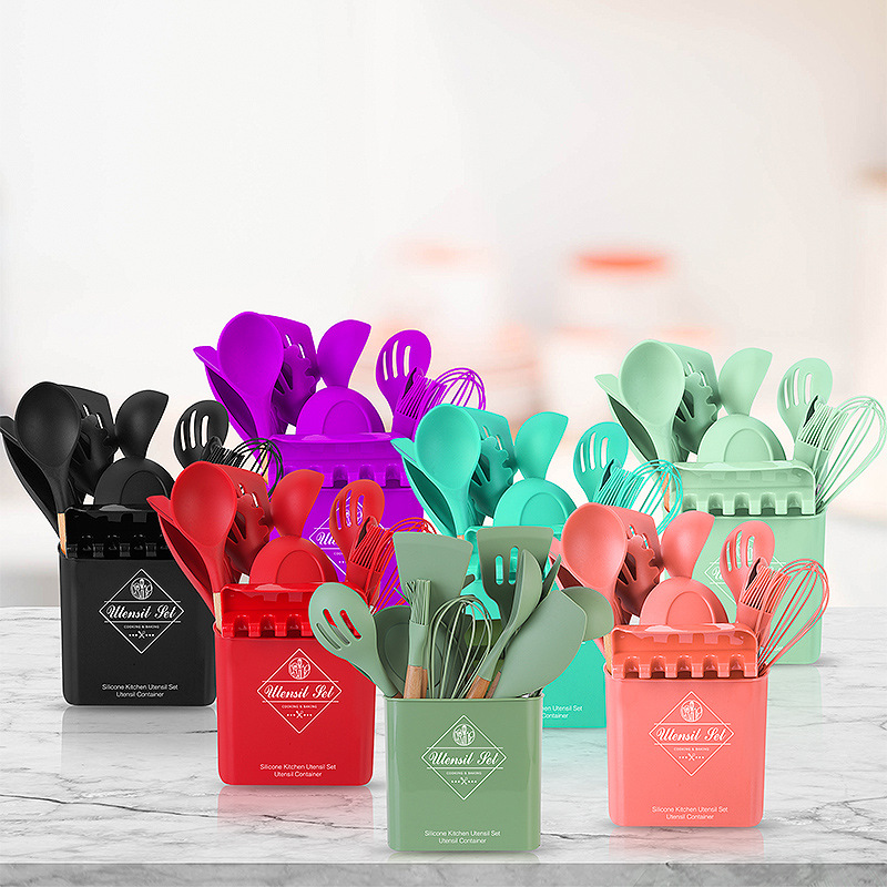 New Wooden Handle Silicone Kitchenware 12-Piece Set With Storage Bucket Kitchen Tools Silicone Kitchenware Set Cooking Spatula