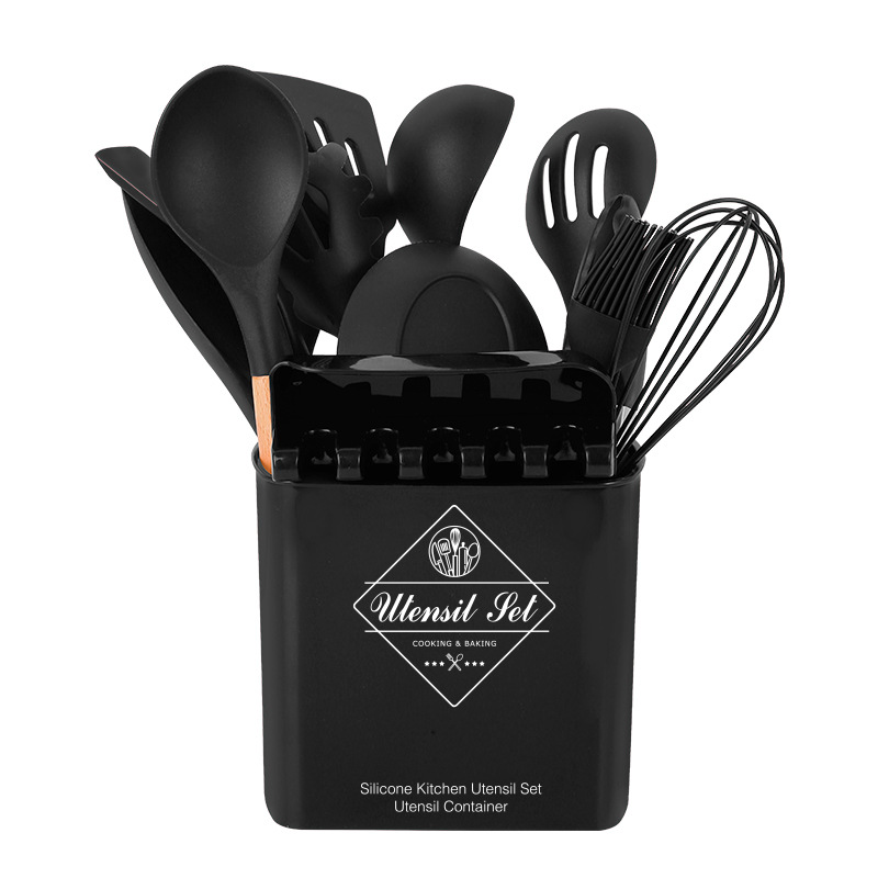 New Wooden Handle Silicone Kitchenware 12-Piece Set With Storage Bucket Kitchen Tools Silicone Kitchenware Set Cooking Spatula details Picture