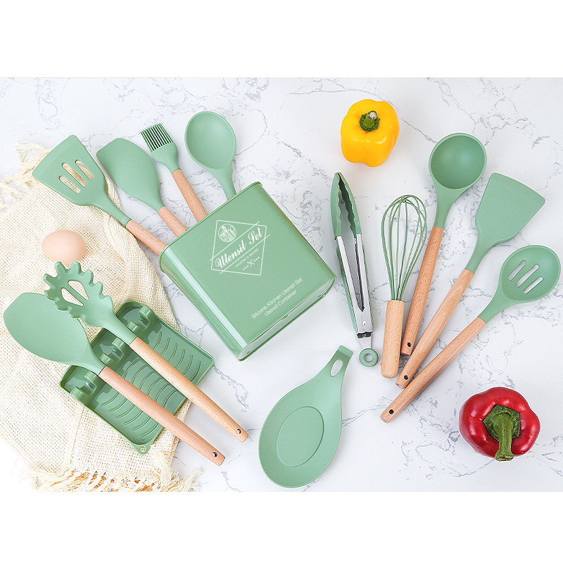 New Wooden Handle Silicone Kitchenware 12-Piece Set With Storage Bucket Kitchen Tools Silicone Kitchenware Set Cooking Spatula Specification drawing