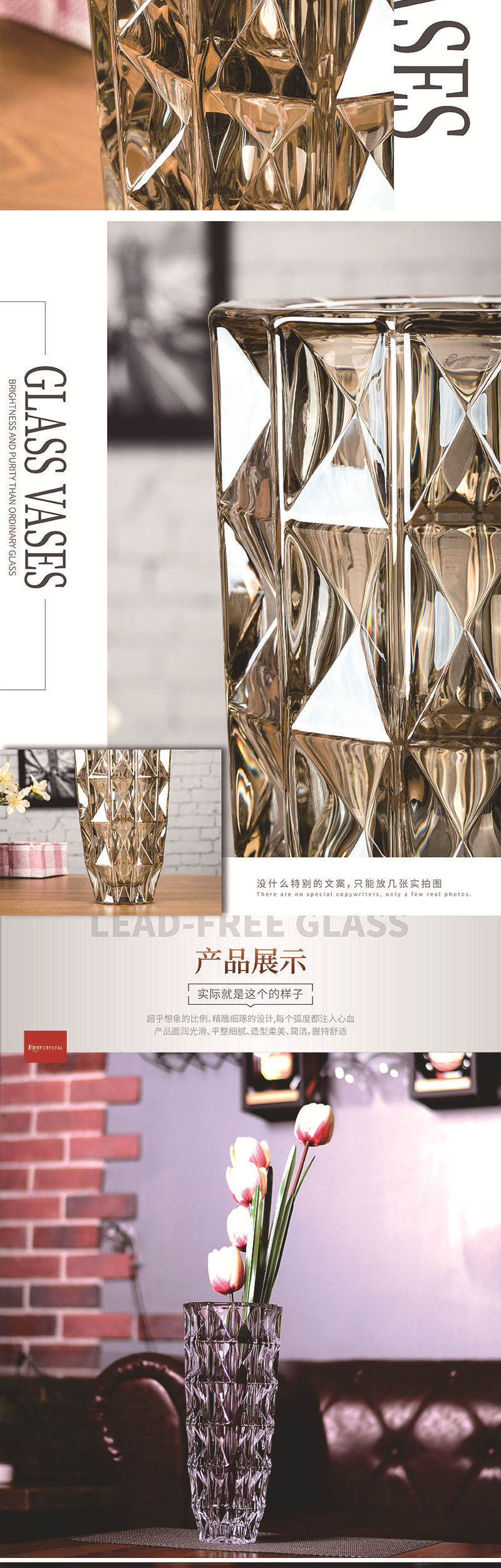 Yuxing Glass Large Vase Thickened crystal glass vase ornament, creative living room flower arrangement transparent water-grown rose decorative ornament pic 8