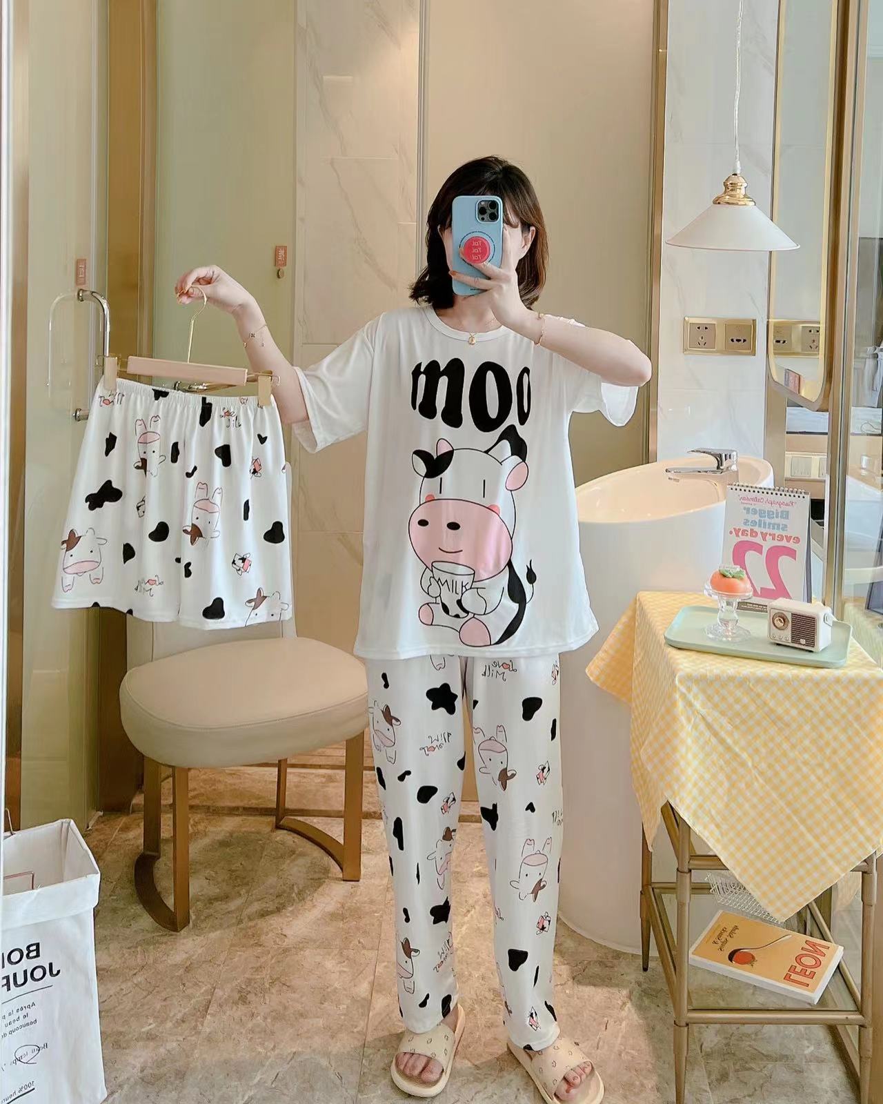 Pajamas women summer milk silk three pieces of short sleeve shorts trousers loose large size spring and autumn and summer new home clothing set thumbnail
