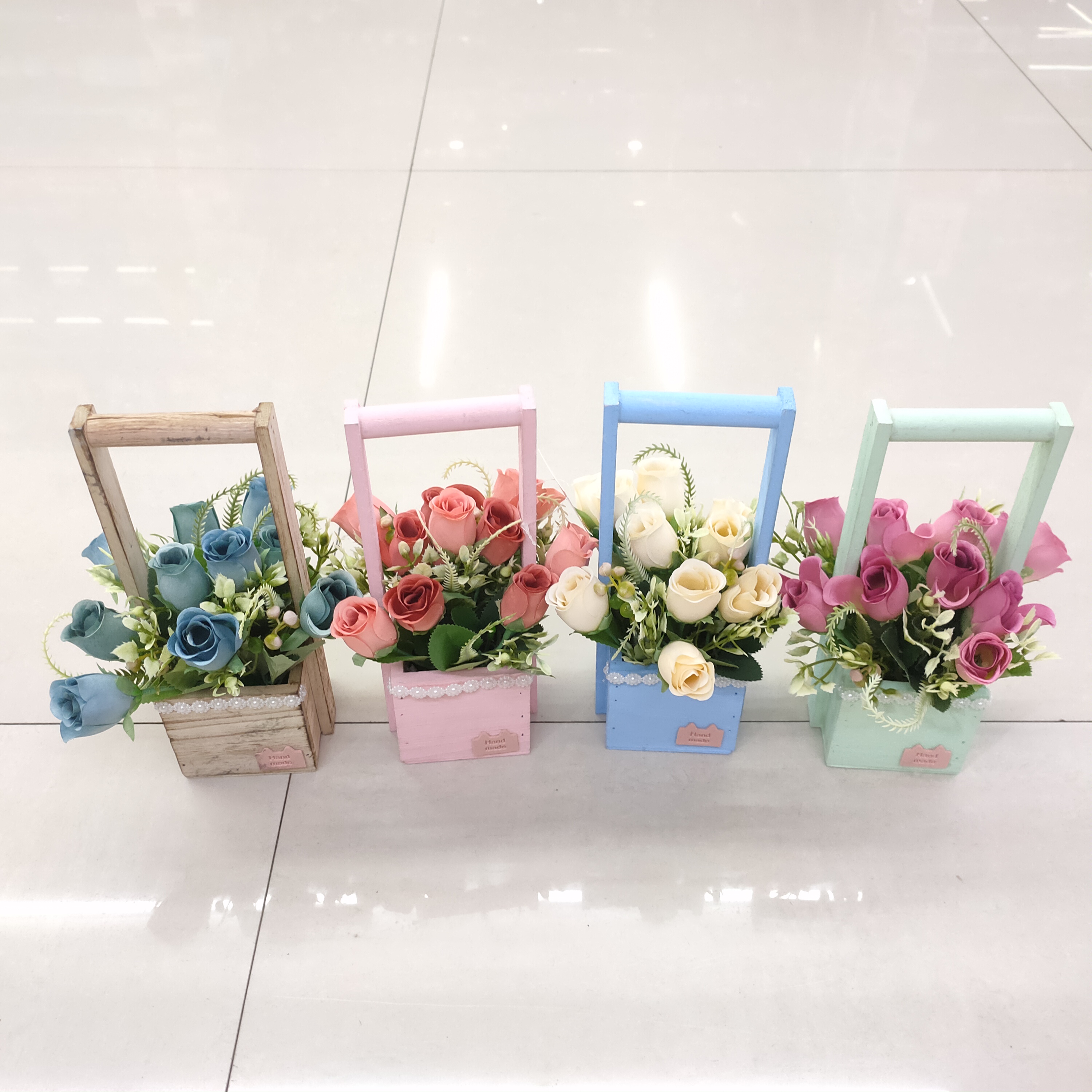 HUAHUA Simulation flower wood pot basket rose flower bonsai decoration